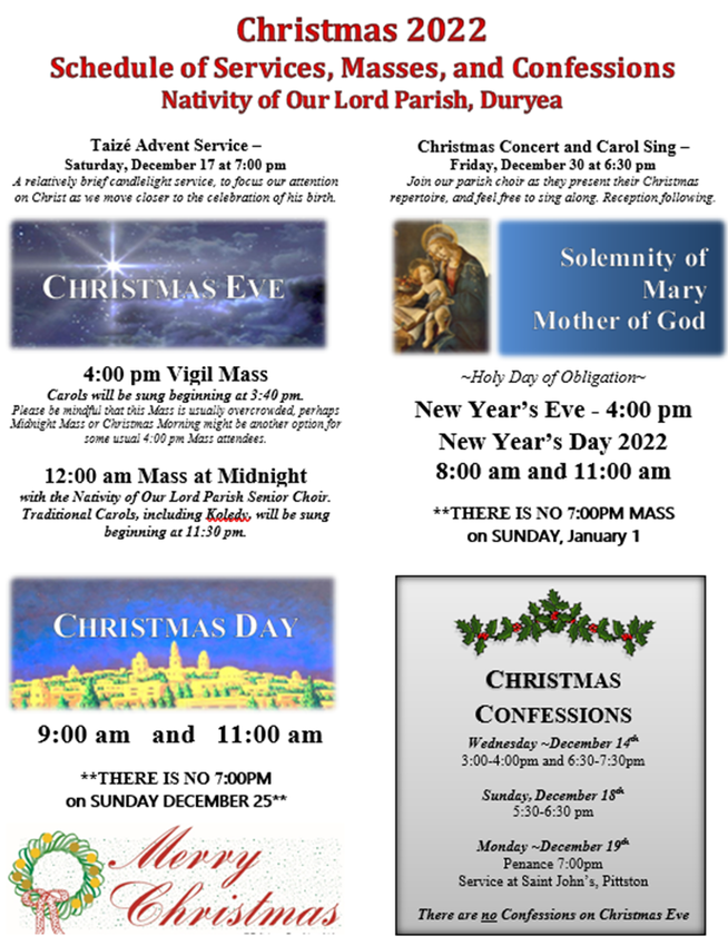 Christmas Schedule - Nativity of Our Lord Parish, Duryea